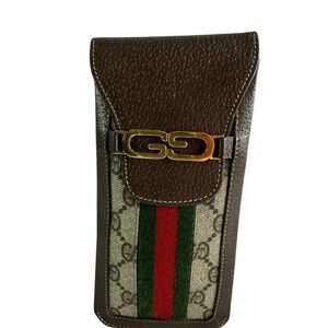 Rare Vintage GUCCI Leather & Canvas GG Logo Glasses Case Red Green Stripes